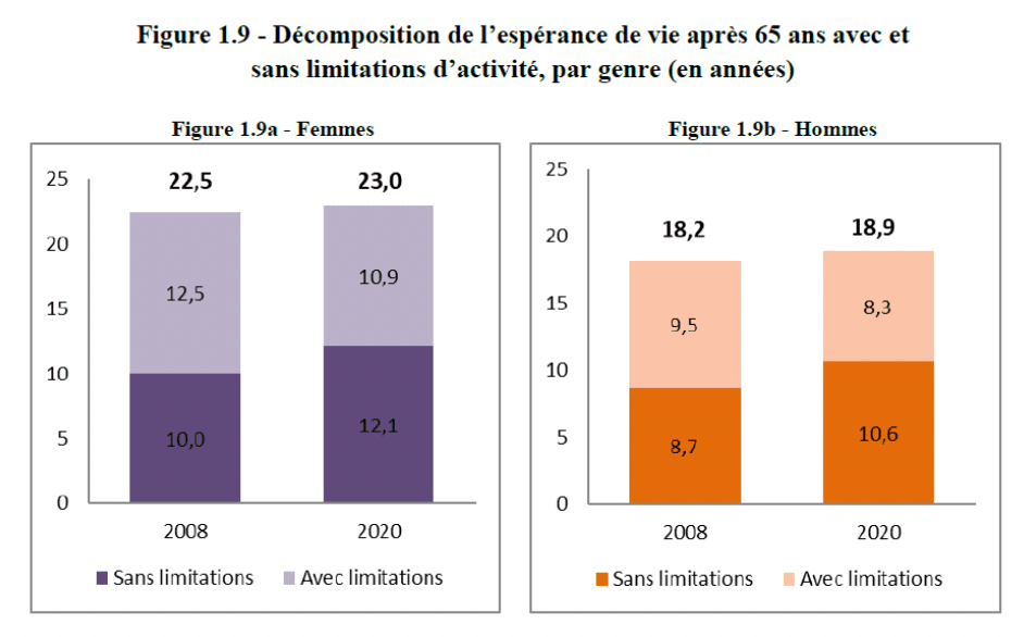 Décomposition de l'espérance de vie après 65 ans