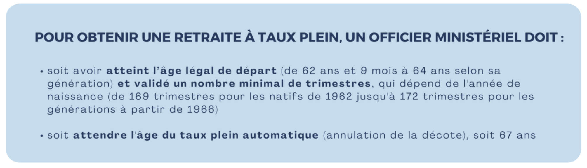âge légal et retraite à taux plein officier ministériel
